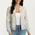 Anna-Kaci Women's Sheer Floral Lace Bomber Jacket with Ribbed Trim and Front Zip Closure