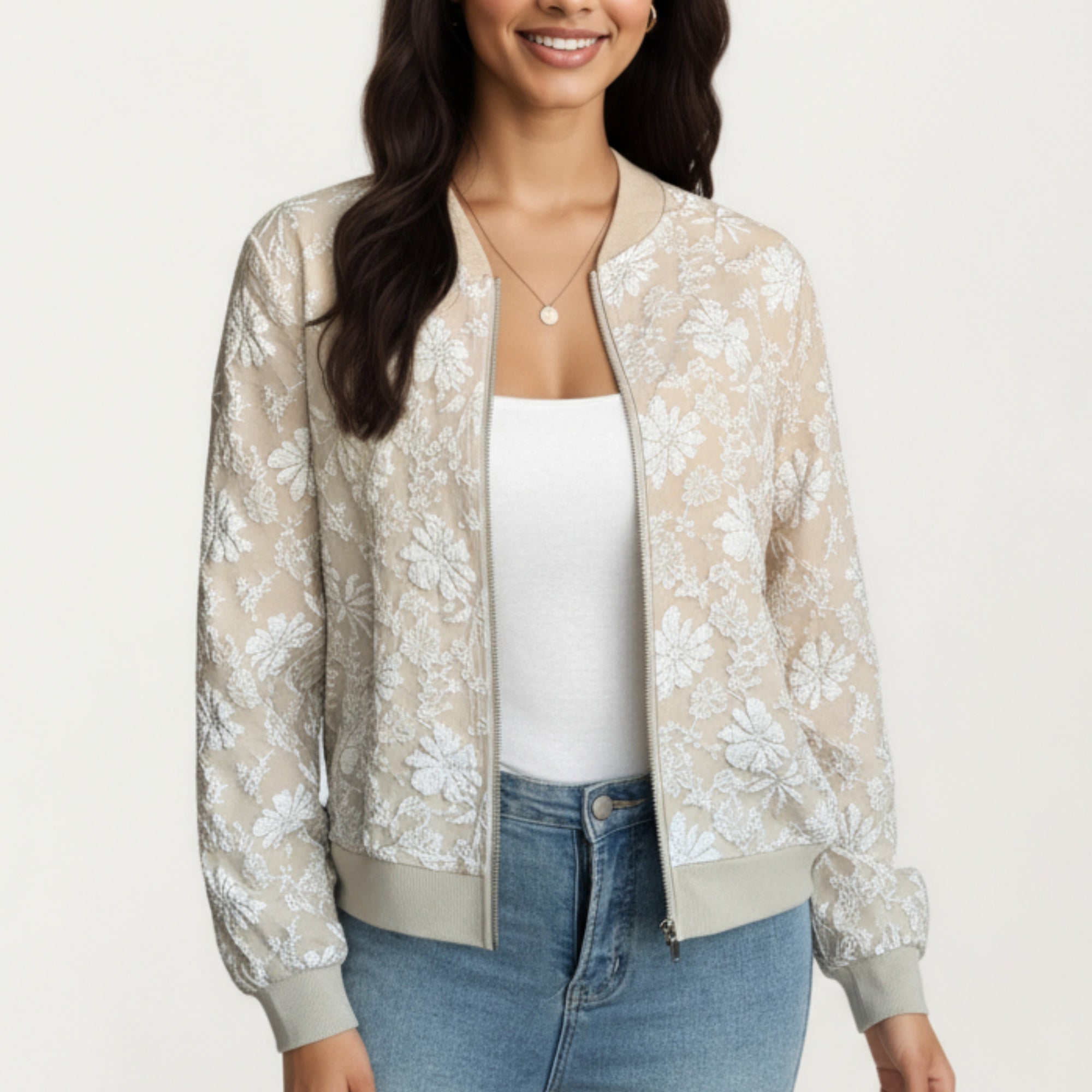 Anna-Kaci Women's Sheer Floral Lace Bomber Jacket with Ribbed Trim and Front Zip Closure