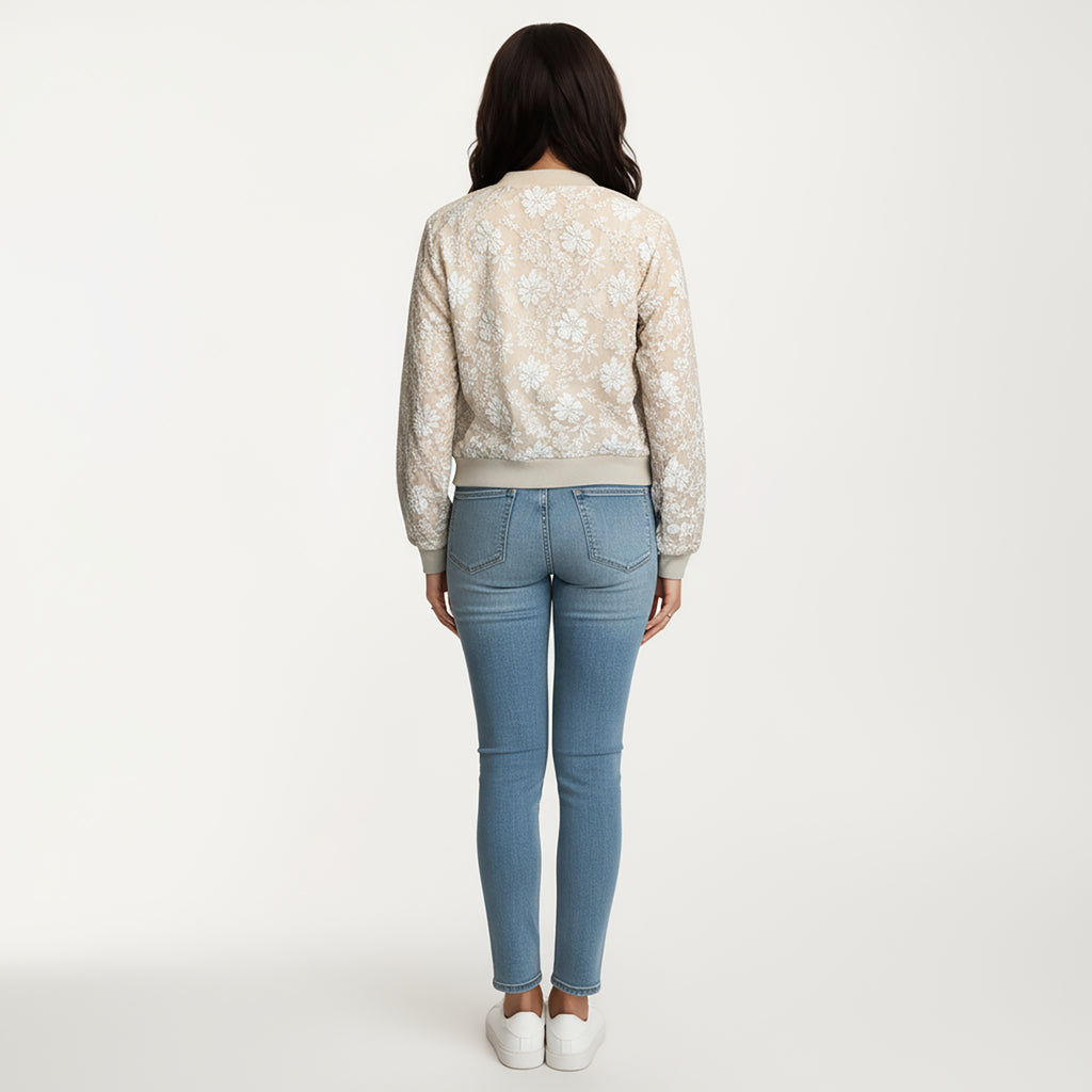 Anna-Kaci Women's Sheer Floral Lace Bomber Jacket with Ribbed Trim and Front Zip Closure