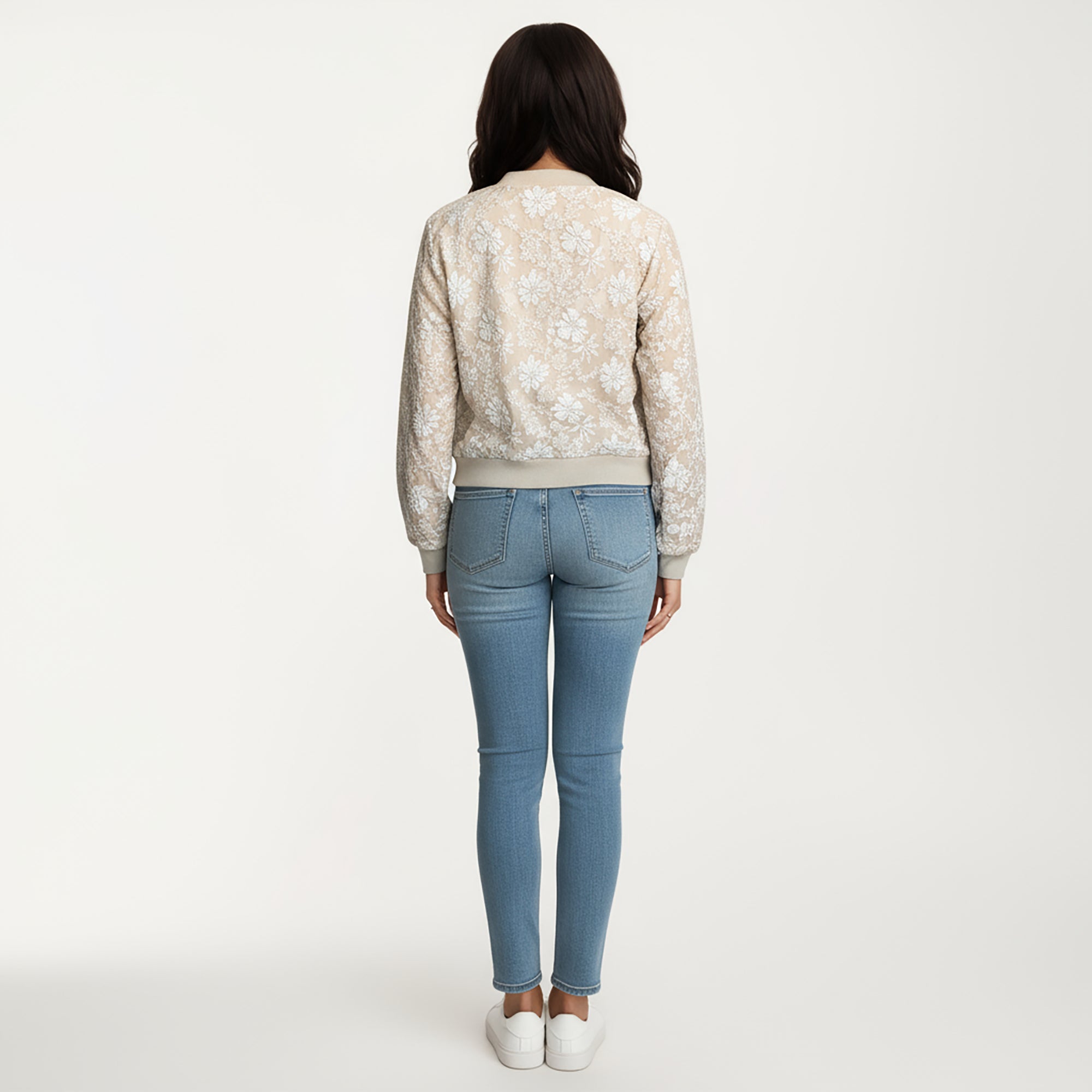 Anna-Kaci Women's Sheer Floral Lace Bomber Jacket with Ribbed Trim and Front Zip Closure
