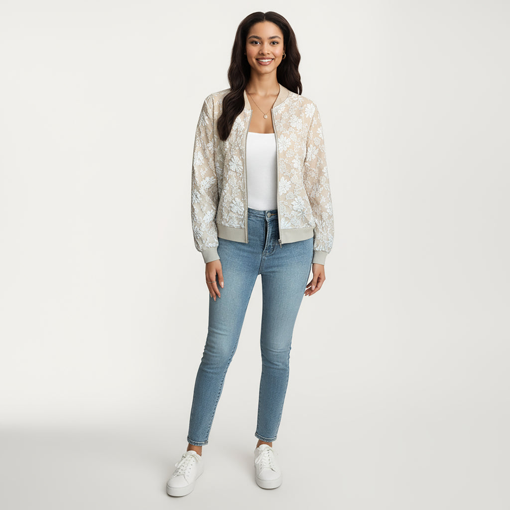 Anna-Kaci Women's Sheer Floral Lace Bomber Jacket with Ribbed Trim and Front Zip Closure