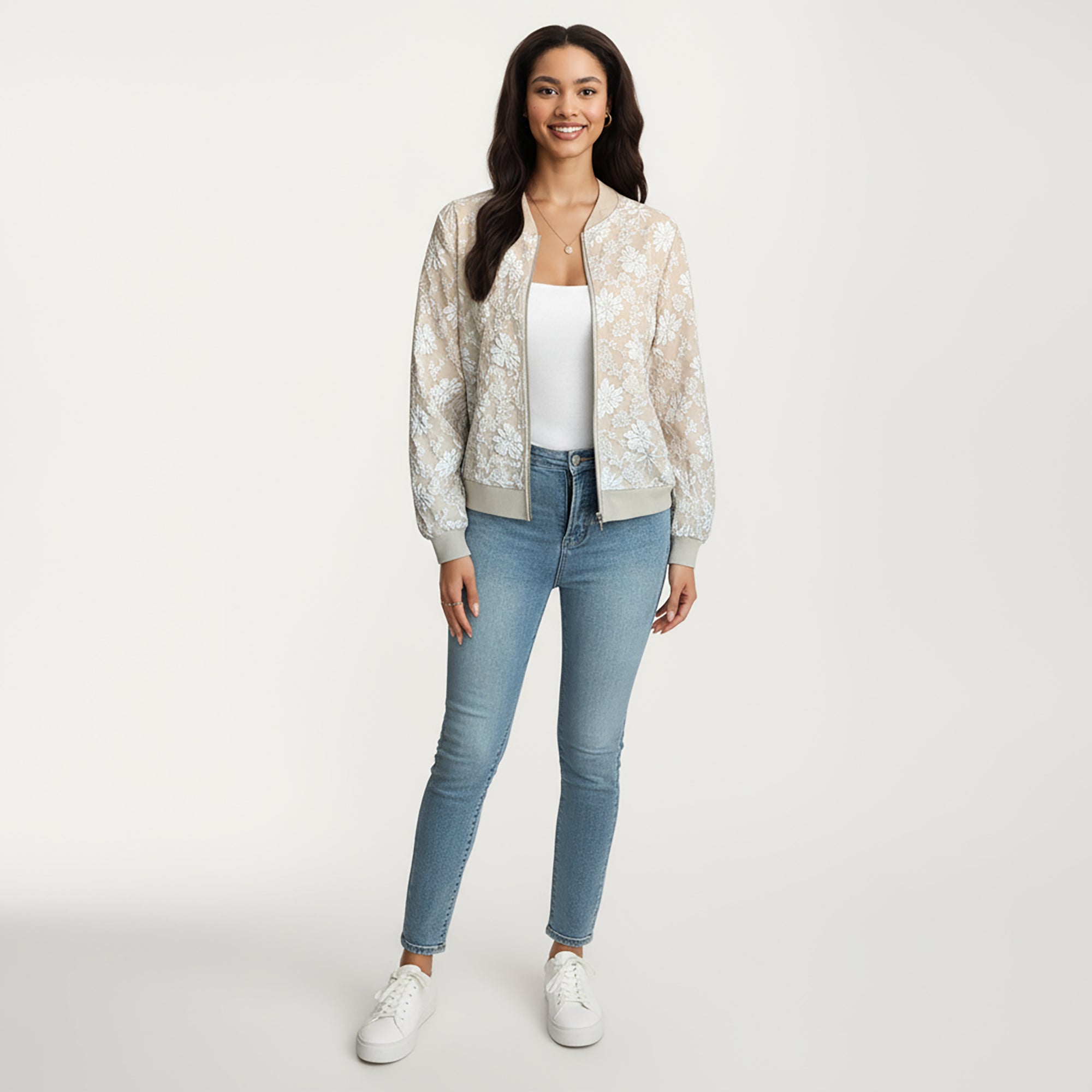 Anna-Kaci Women's Sheer Floral Lace Bomber Jacket with Ribbed Trim and Front Zip Closure