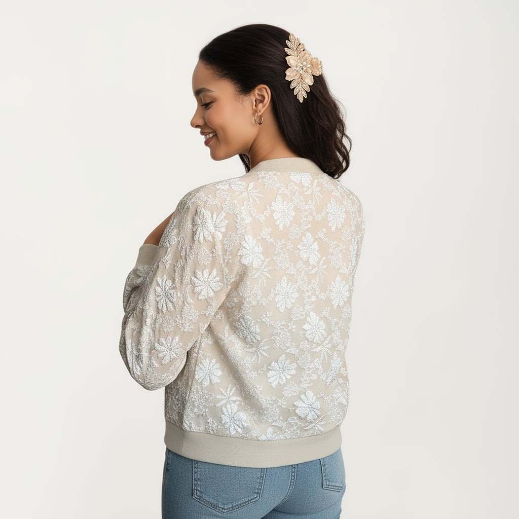 Anna-Kaci Women's Sheer Floral Lace Bomber Jacket with Ribbed Trim and Front Zip Closure