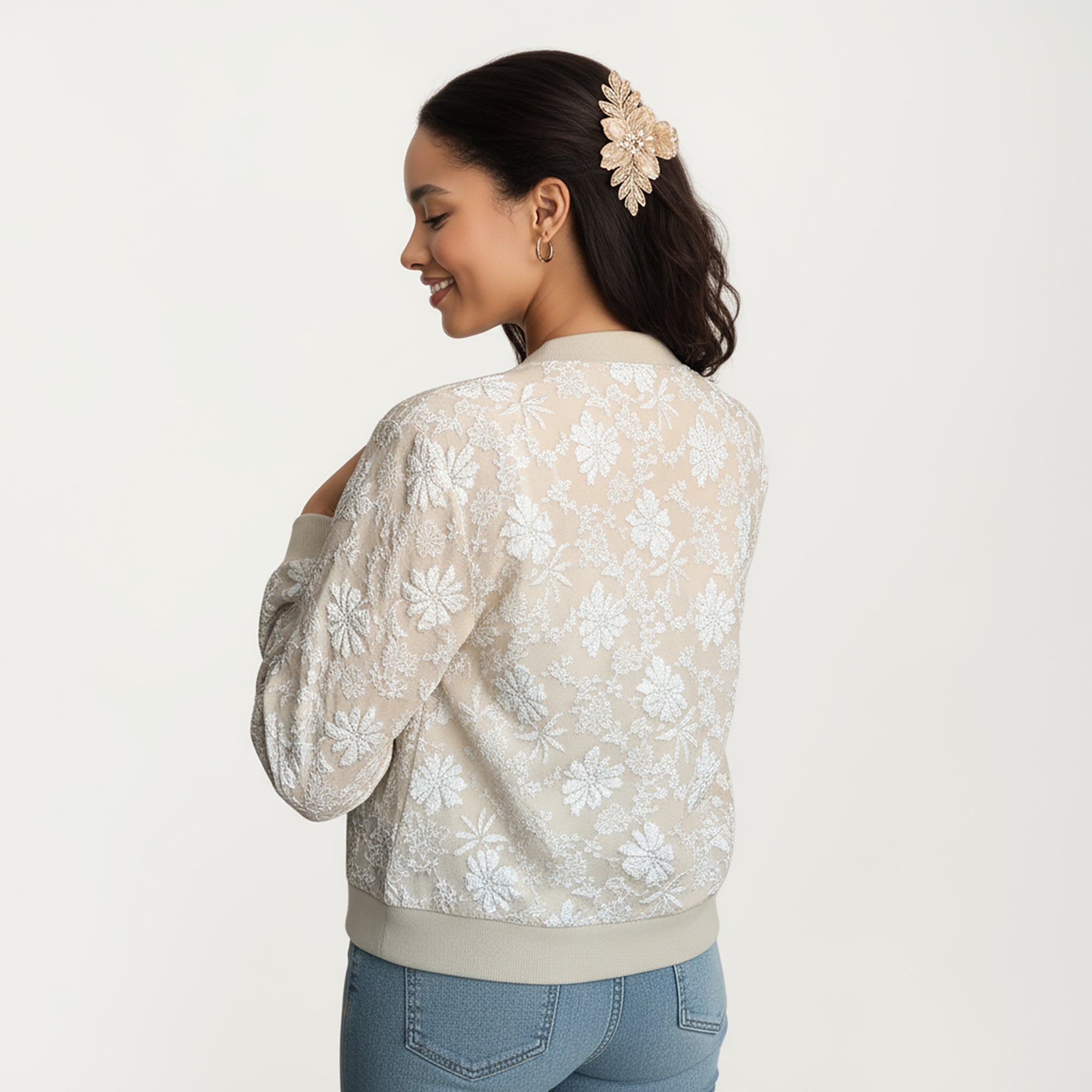 Anna-Kaci Women's Sheer Floral Lace Bomber Jacket with Ribbed Trim and Front Zip Closure