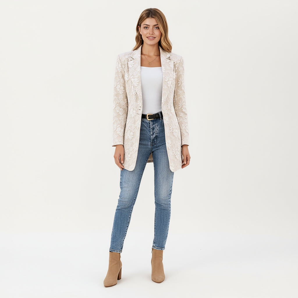Anna-Kaci Women's Floral Textured Longline Blazer with Notched Lapel and Open Front