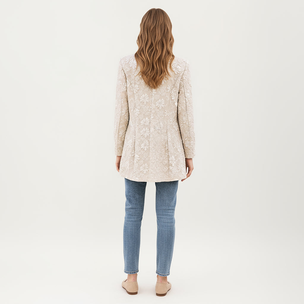 Anna-Kaci Women's Floral Textured Longline Blazer with Notched Lapel and Open Front