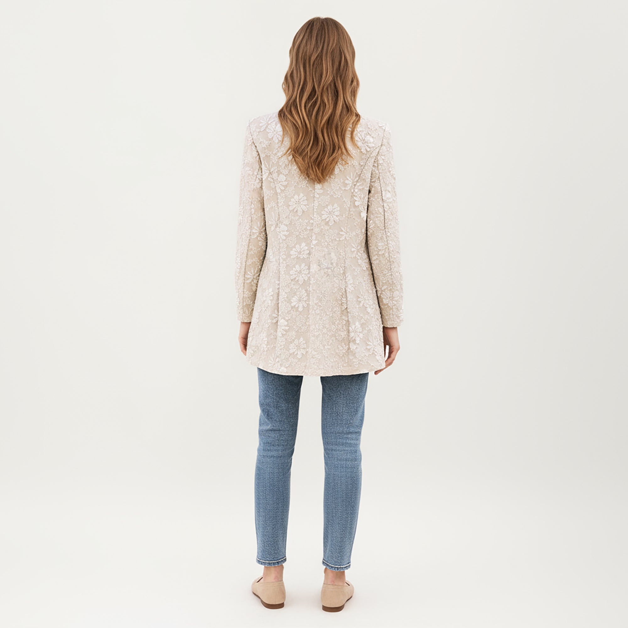 Anna-Kaci Women's Floral Textured Longline Blazer with Notched Lapel and Open Front