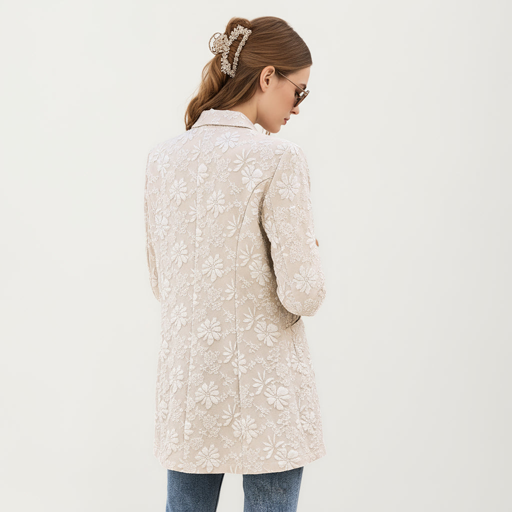 Anna-Kaci Women's Floral Textured Longline Blazer with Notched Lapel and Open Front