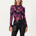 Anna-Kaci Women's Sheer Long Sleeve Mesh Top with Rose Floral Print and Mock Neck