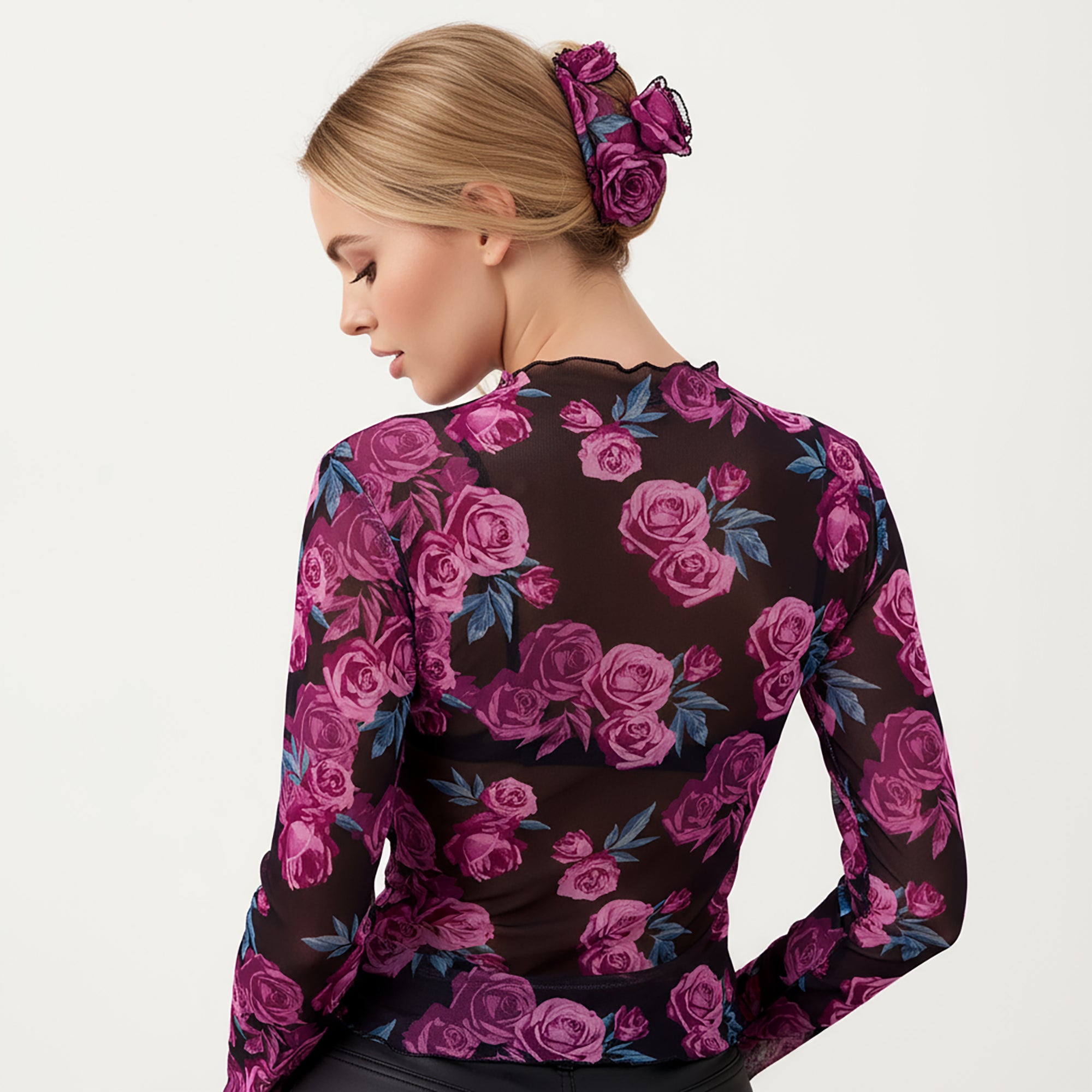 Anna-Kaci Women's Sheer Long Sleeve Mesh Top with Rose Floral Print and Mock Neck