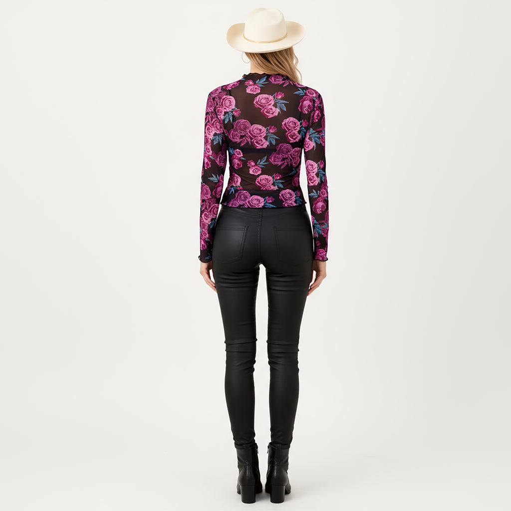 Anna-Kaci Women's Sheer Long Sleeve Mesh Top with Rose Floral Print and Mock Neck