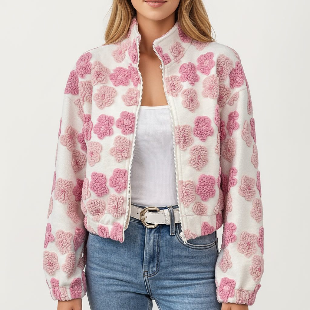 Anna-Kaci Women's Zip-Up Jacket with 3D Floral Pattern and Elastic Hem