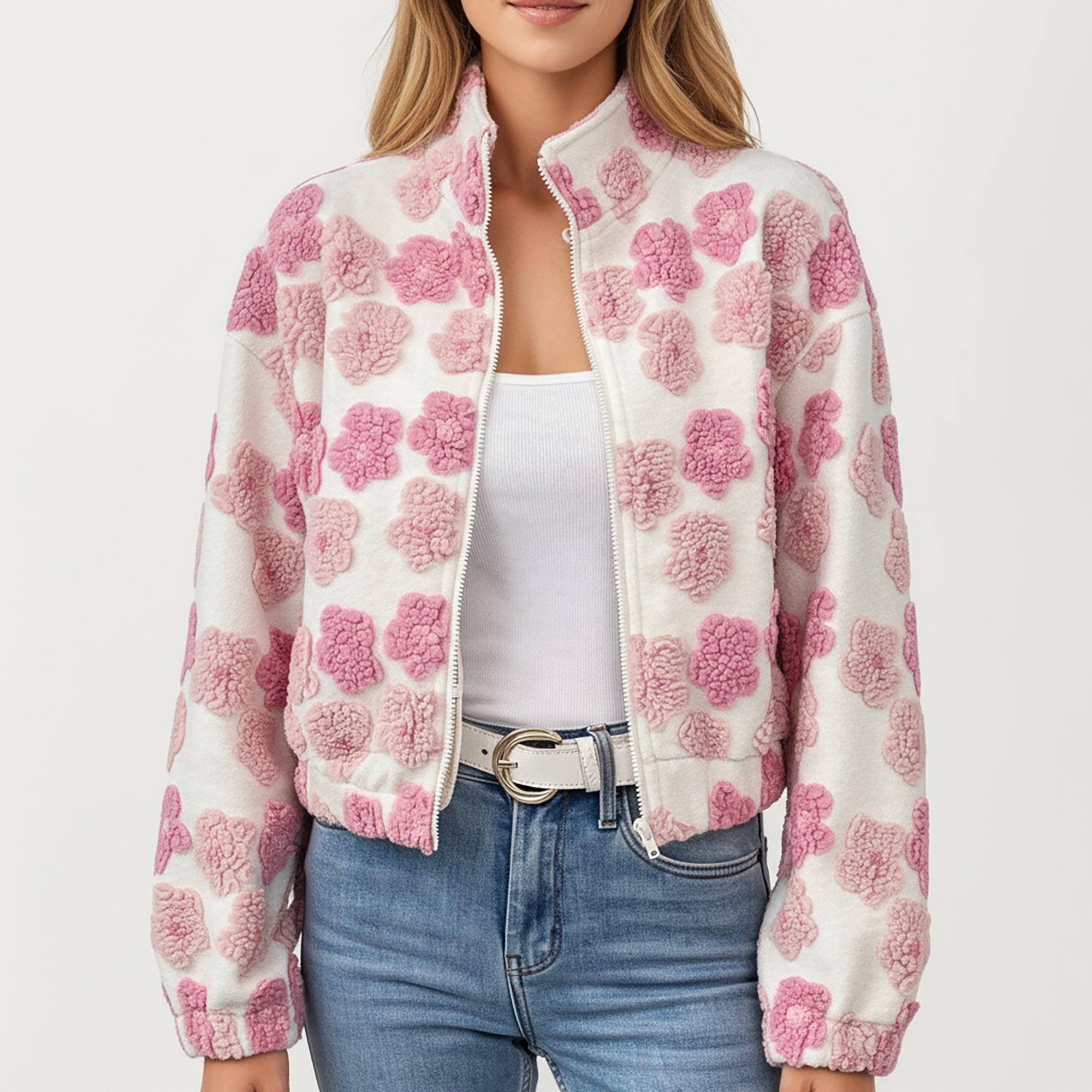Anna-Kaci Women's Zip-Up Jacket with 3D Floral Pattern and Elastic Hem