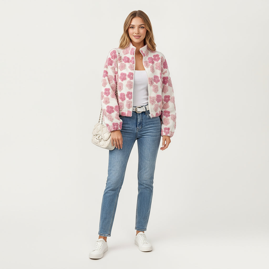Anna-Kaci Women's Zip-Up Jacket with 3D Floral Pattern and Elastic Hem
