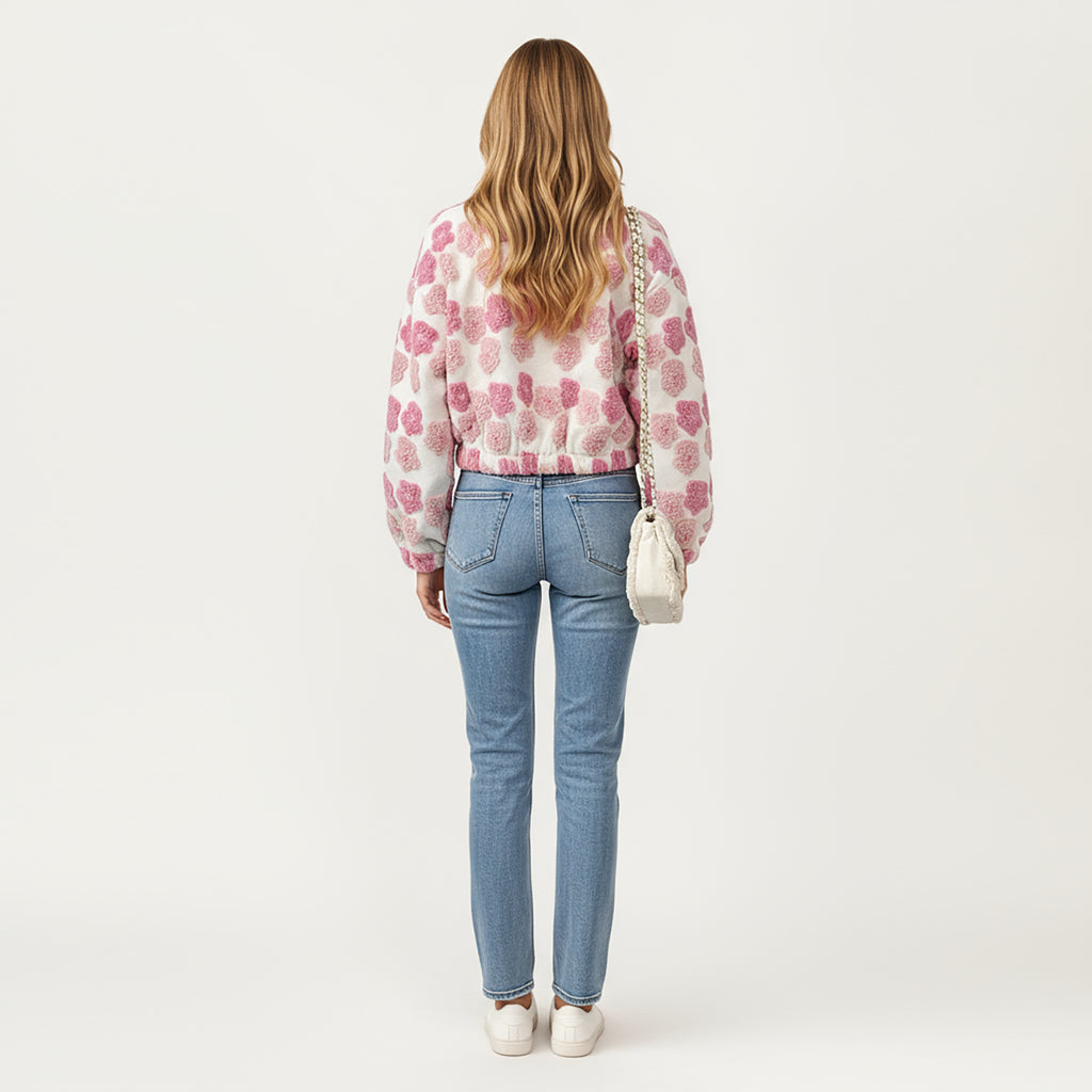 Anna-Kaci Women's Zip-Up Jacket with 3D Floral Pattern and Elastic Hem
