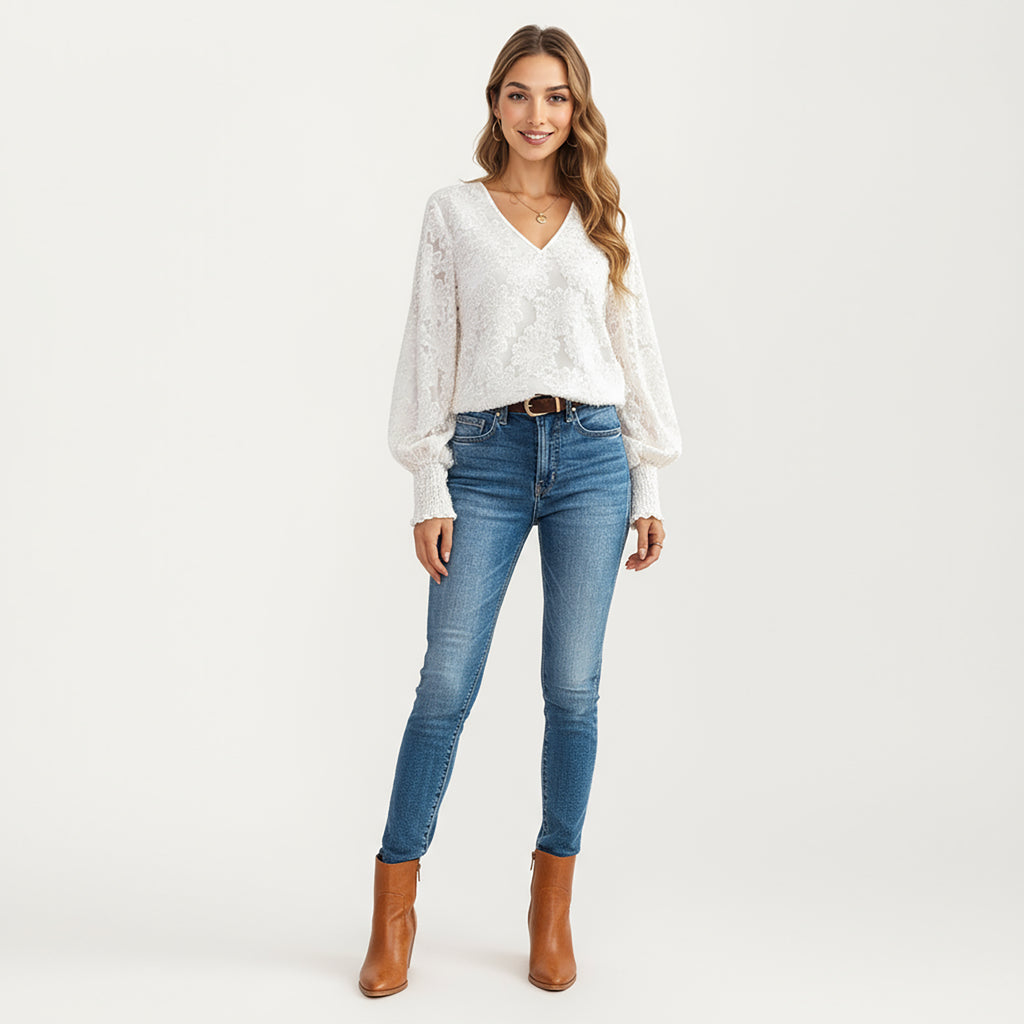 Anna-Kaci Women's V-Neck Long Sleeve Lace Top with Smocked Cuffs and Textured Floral Pattern