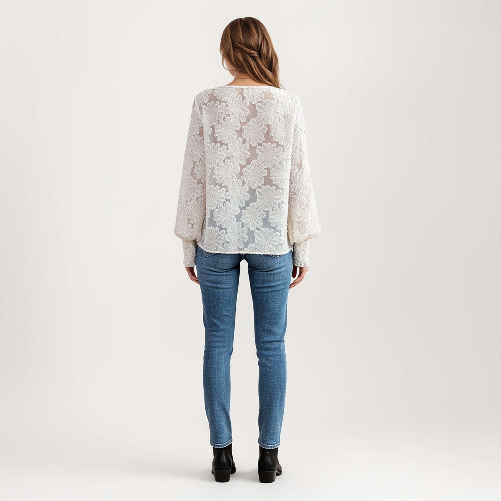 Anna-Kaci Women's V-Neck Long Sleeve Lace Top with Smocked Cuffs and Textured Floral Pattern