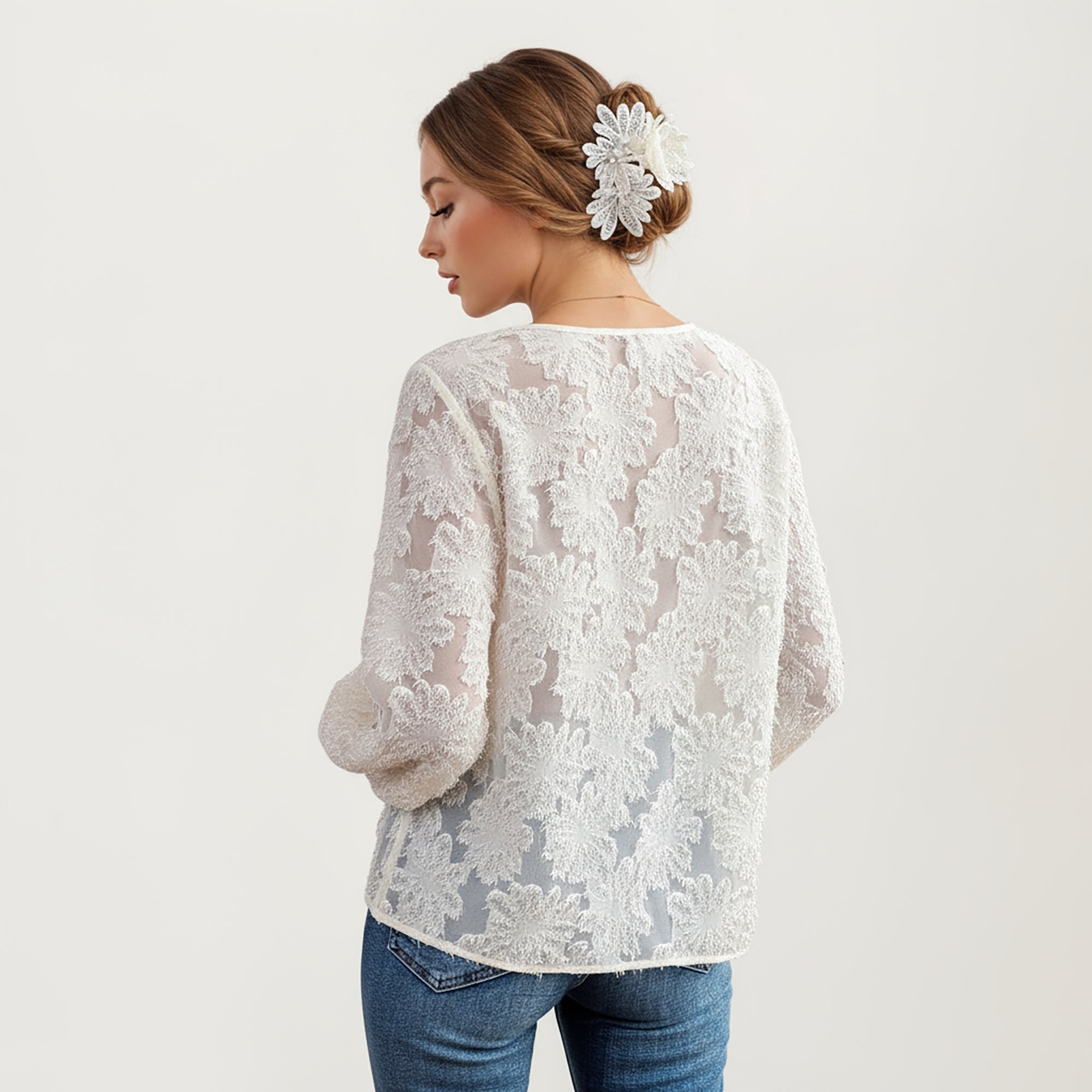 Anna-Kaci Women's V-Neck Long Sleeve Lace Top with Smocked Cuffs and Textured Floral Pattern
