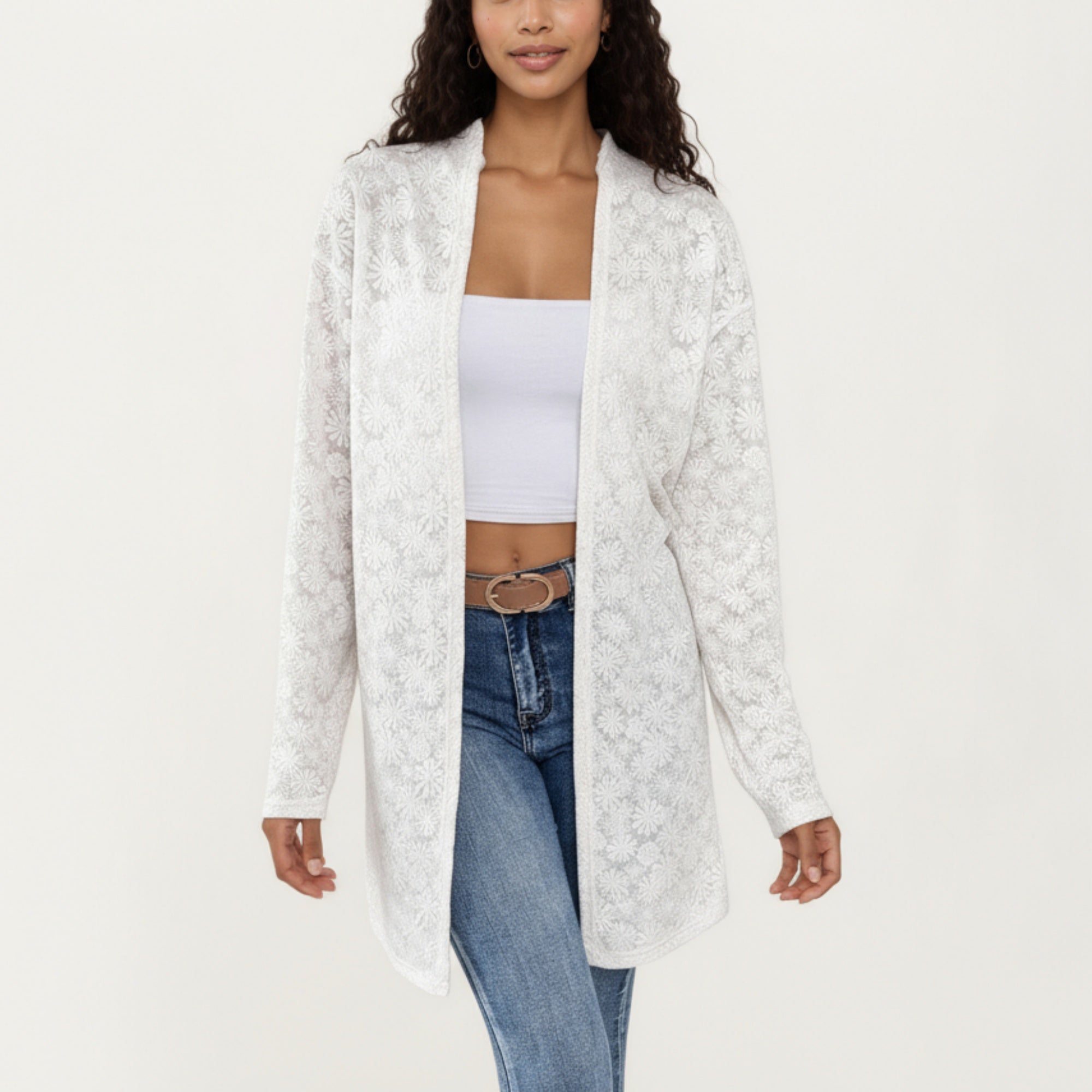 Anna-Kaci Women's Long Sleeve Open Front Cardigan with Textured Floral Lace Detailing