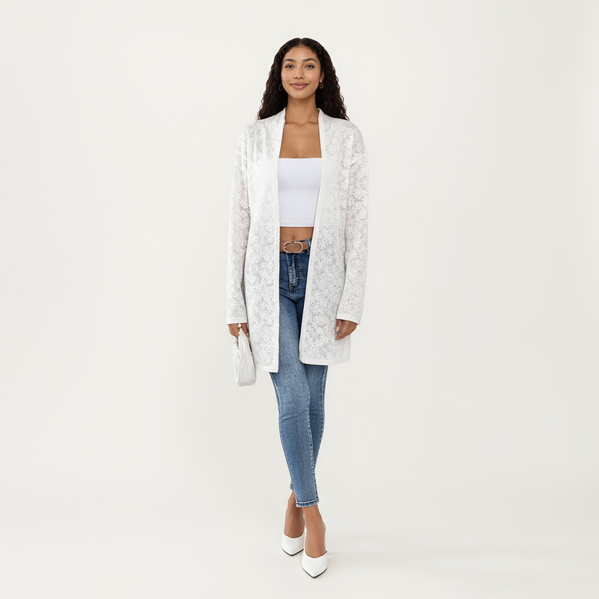 Anna-Kaci Women's Long Sleeve Open Front Cardigan with Textured Floral Lace Detailing