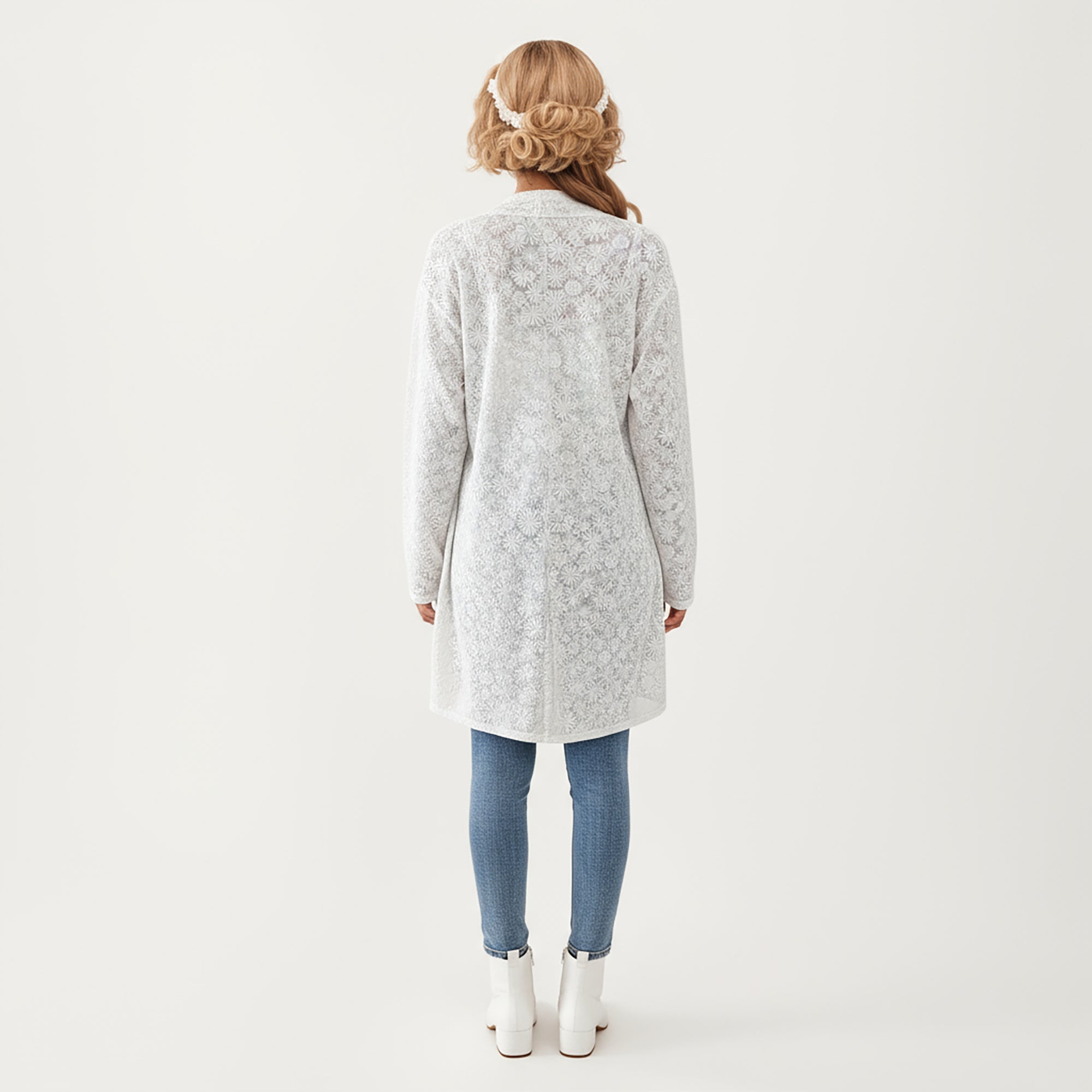 Anna-Kaci Women's Long Sleeve Open Front Cardigan with Textured Floral Lace Detailing