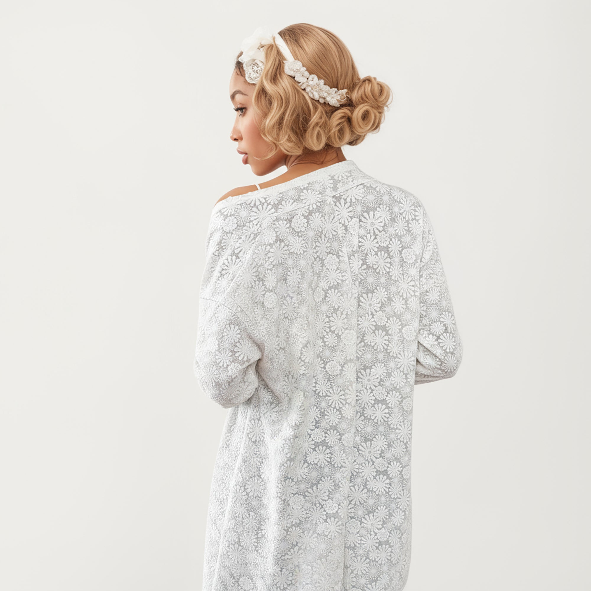 Anna-Kaci Women's Long Sleeve Open Front Cardigan with Textured Floral Lace Detailing