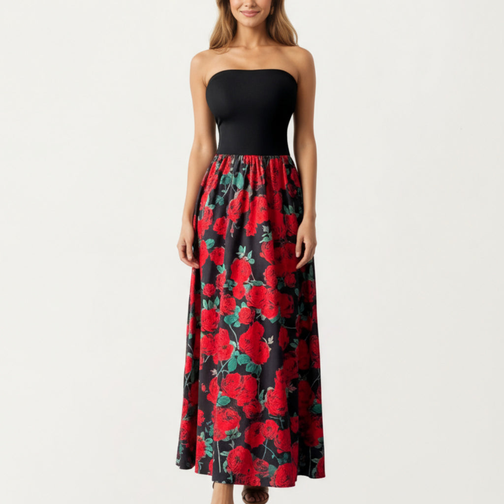 Anna-Kaci Women's Strapless Maxi Dress with Fitted Bodice and Floral Print Skirt