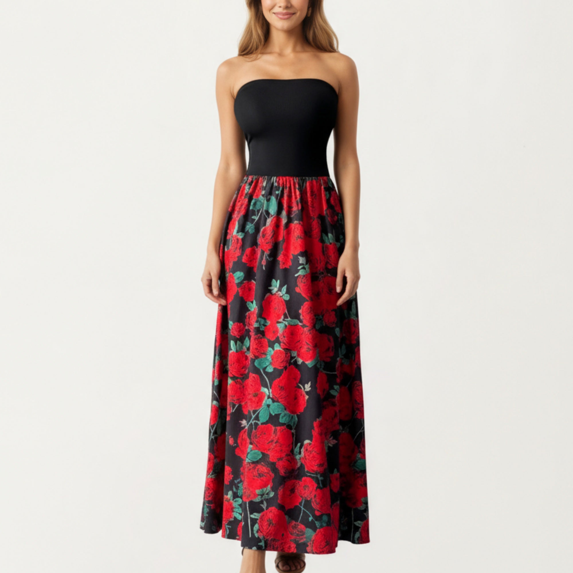 Anna-Kaci Women's Strapless Maxi Dress with Fitted Bodice and Floral Print Skirt