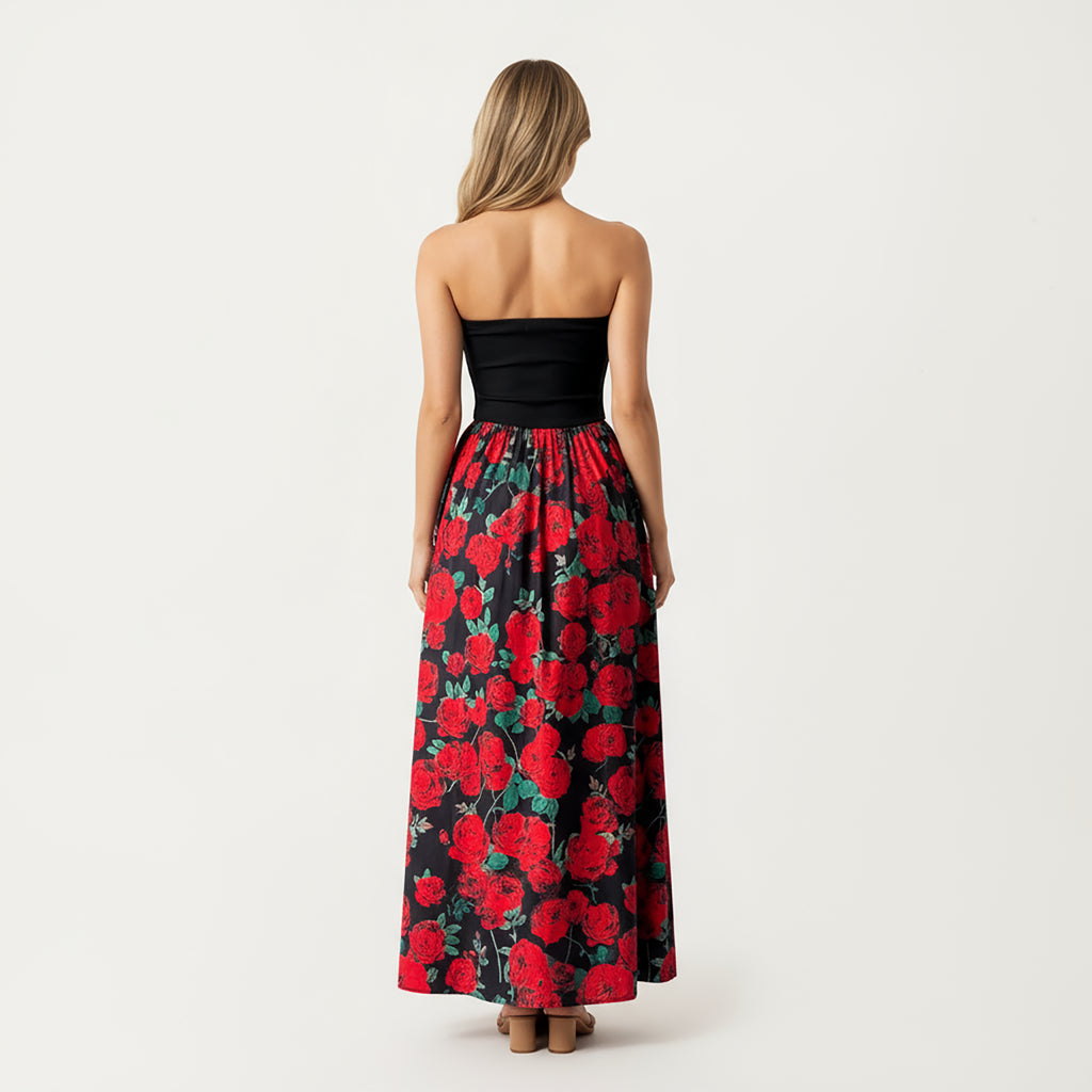 Anna-Kaci Women's Strapless Maxi Dress with Fitted Bodice and Floral Print Skirt
