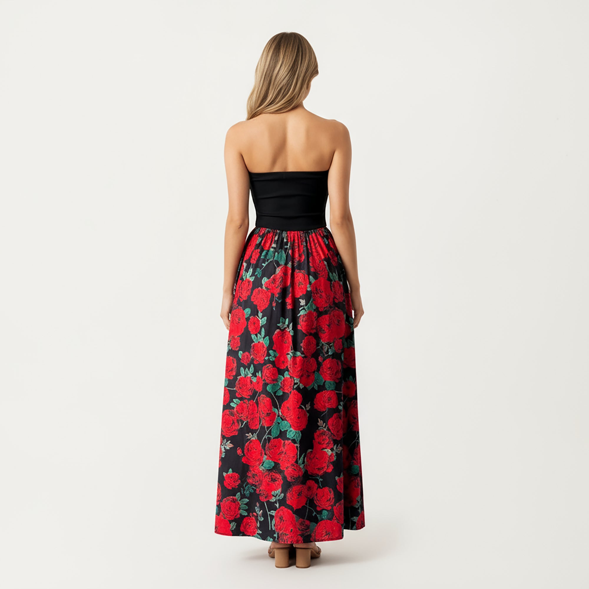 Anna-Kaci Women's Strapless Maxi Dress with Fitted Bodice and Floral Print Skirt