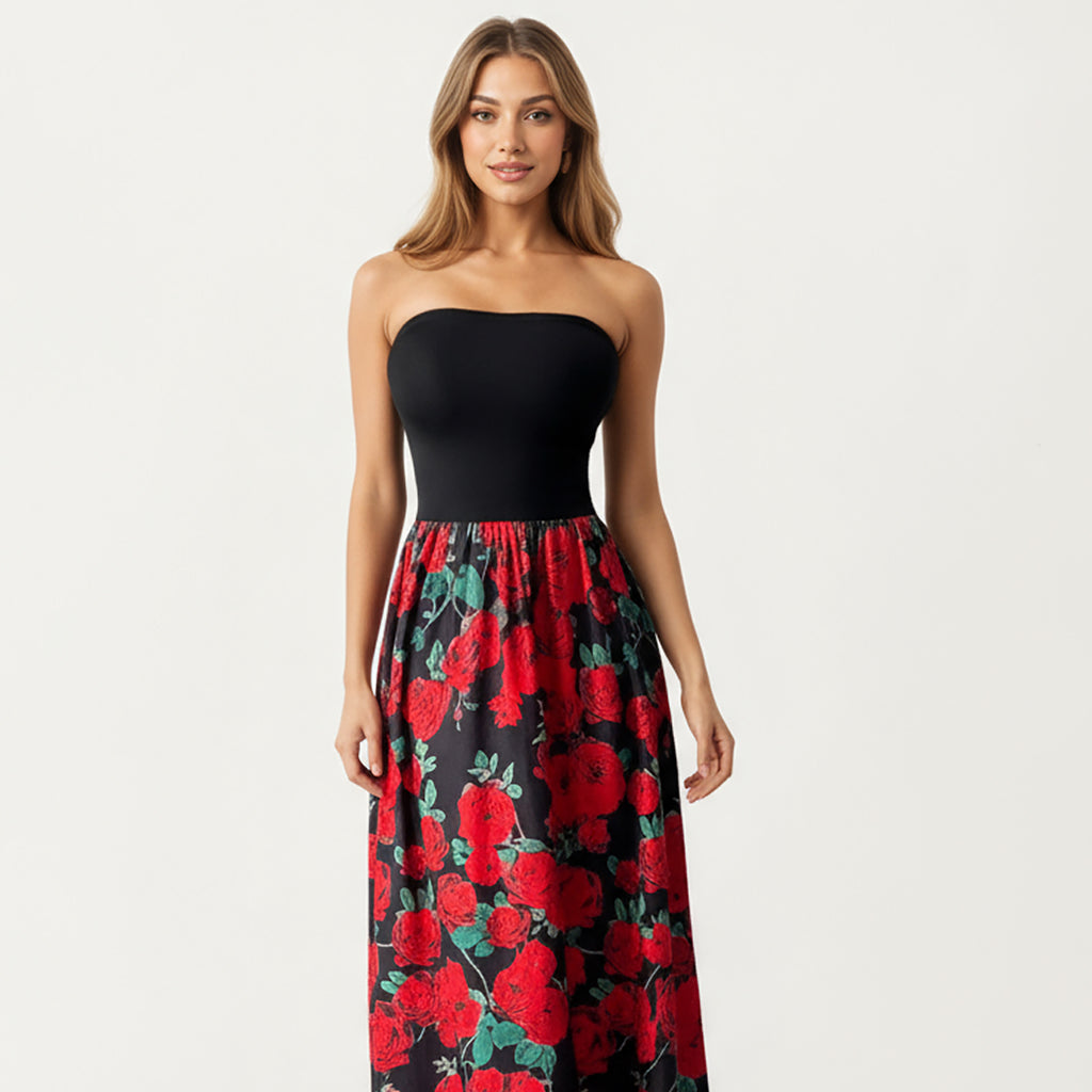 Anna-Kaci Women's Strapless Maxi Dress with Fitted Bodice and Floral Print Skirt