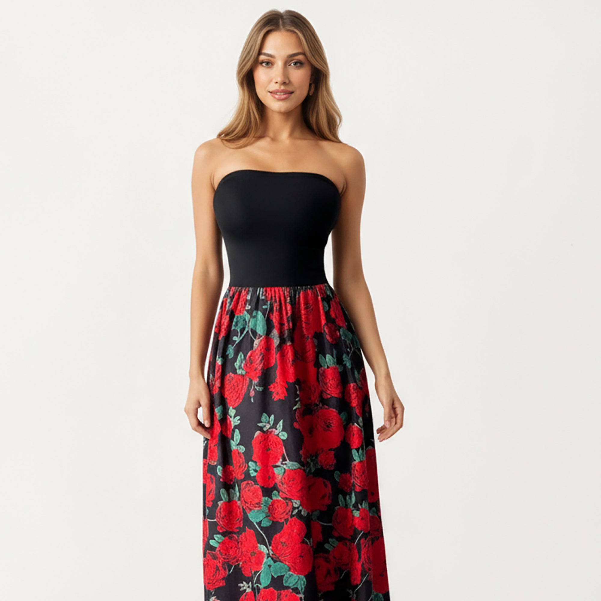 Anna-Kaci Women's Strapless Maxi Dress with Fitted Bodice and Floral Print Skirt