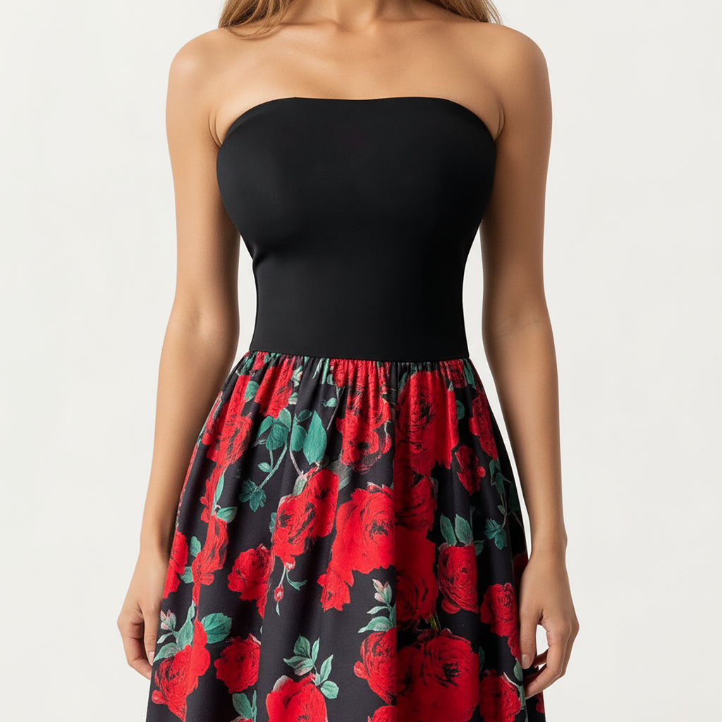 Anna-Kaci Women's Strapless Maxi Dress with Fitted Bodice and Floral Print Skirt