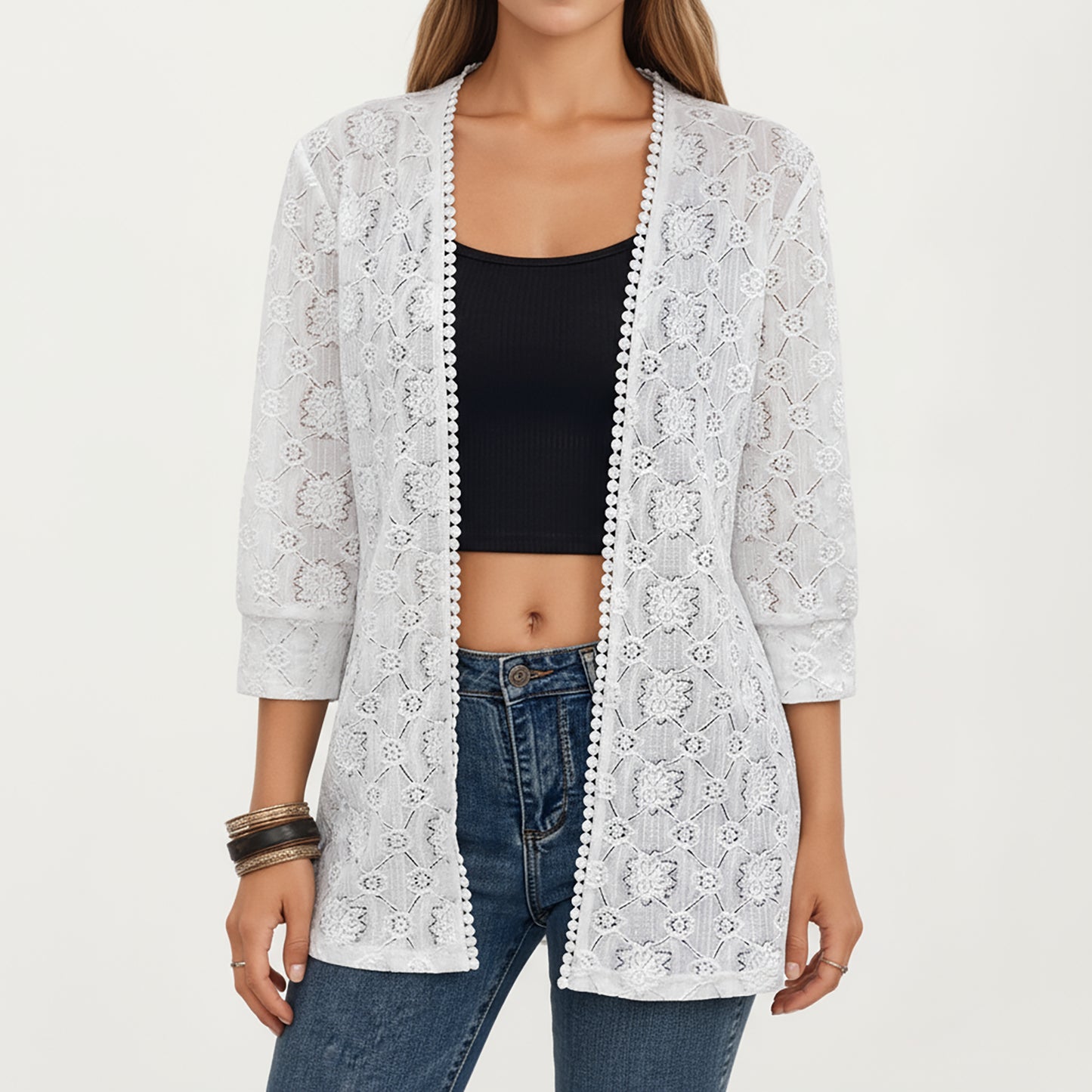 Anna-Kaci Women's 3/4 Sleeve Open Front Lace Kimono Cardigan with Floral Crochet Detailing