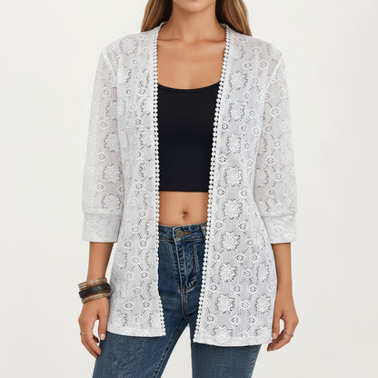 Anna-Kaci Women's 3/4 Sleeve Open Front Lace Kimono Cardigan with Floral Crochet Detailing