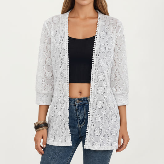 Anna-Kaci Women's 3/4 Sleeve Open Front Lace Kimono Cardigan with Floral Crochet Detailing