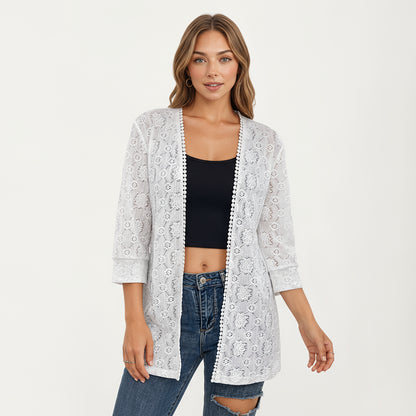 Anna-Kaci Women's 3/4 Sleeve Open Front Lace Kimono Cardigan with Floral Crochet Detailing