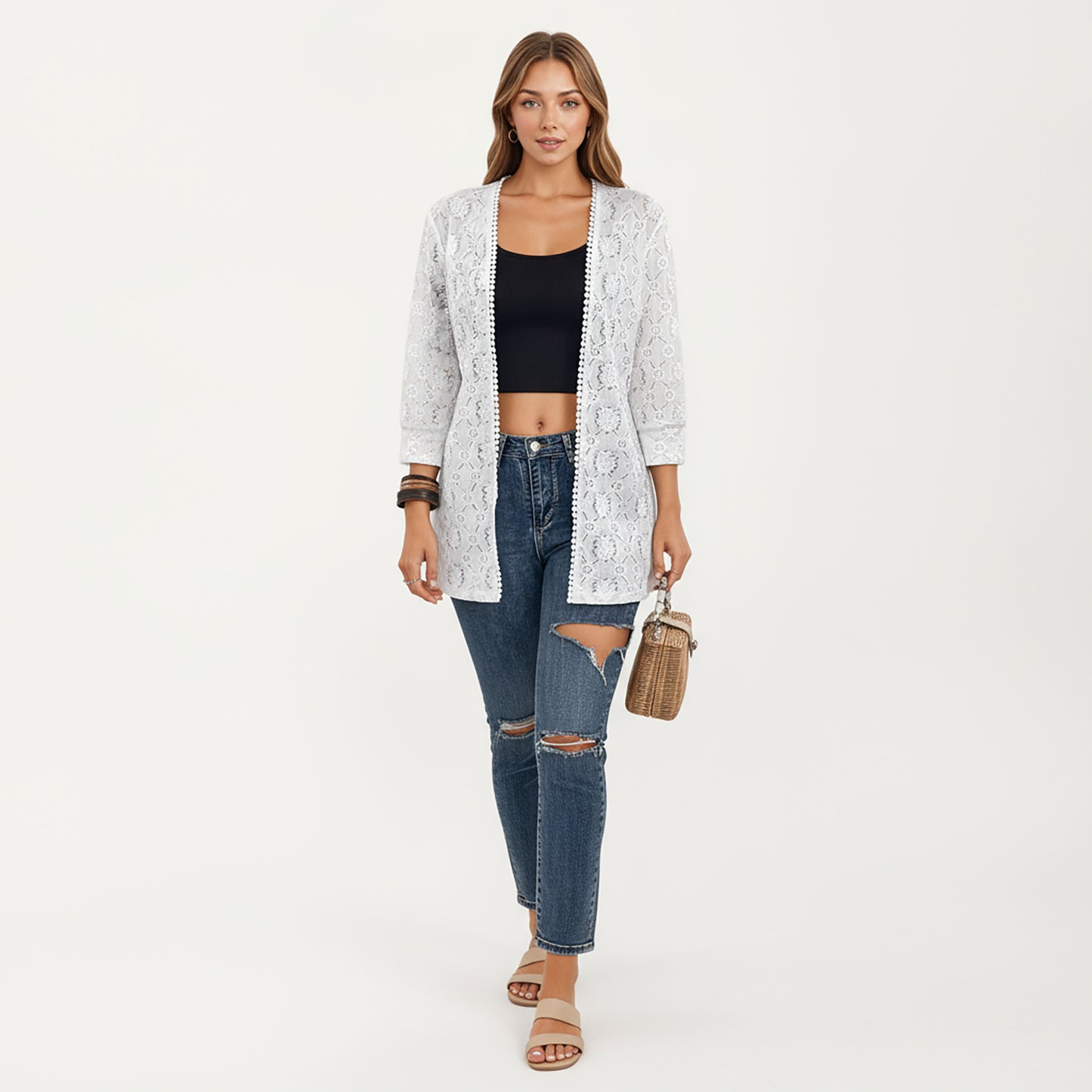 Anna-Kaci Women's 3/4 Sleeve Open Front Lace Kimono Cardigan with Floral Crochet Detailing