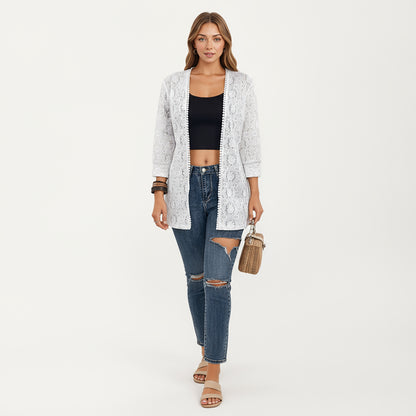 Anna-Kaci Women's 3/4 Sleeve Open Front Lace Kimono Cardigan with Floral Crochet Detailing