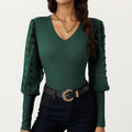 Anna-Kaci Women's Long Sleeve V-Neck Knit Top with Sheer Textured Balloon Sleeves