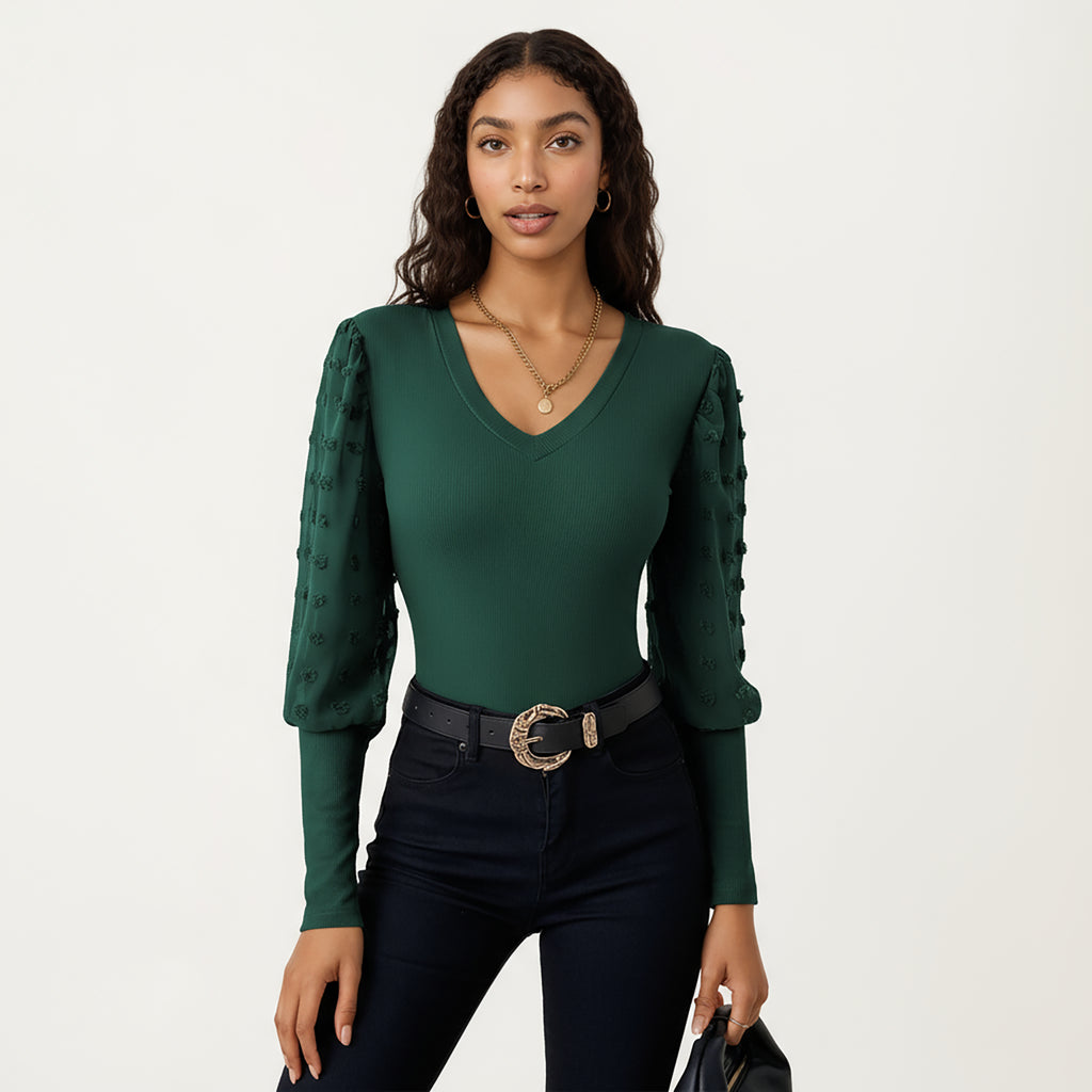 Anna-Kaci Women's Long Sleeve V-Neck Knit Top with Sheer Textured Balloon Sleeves