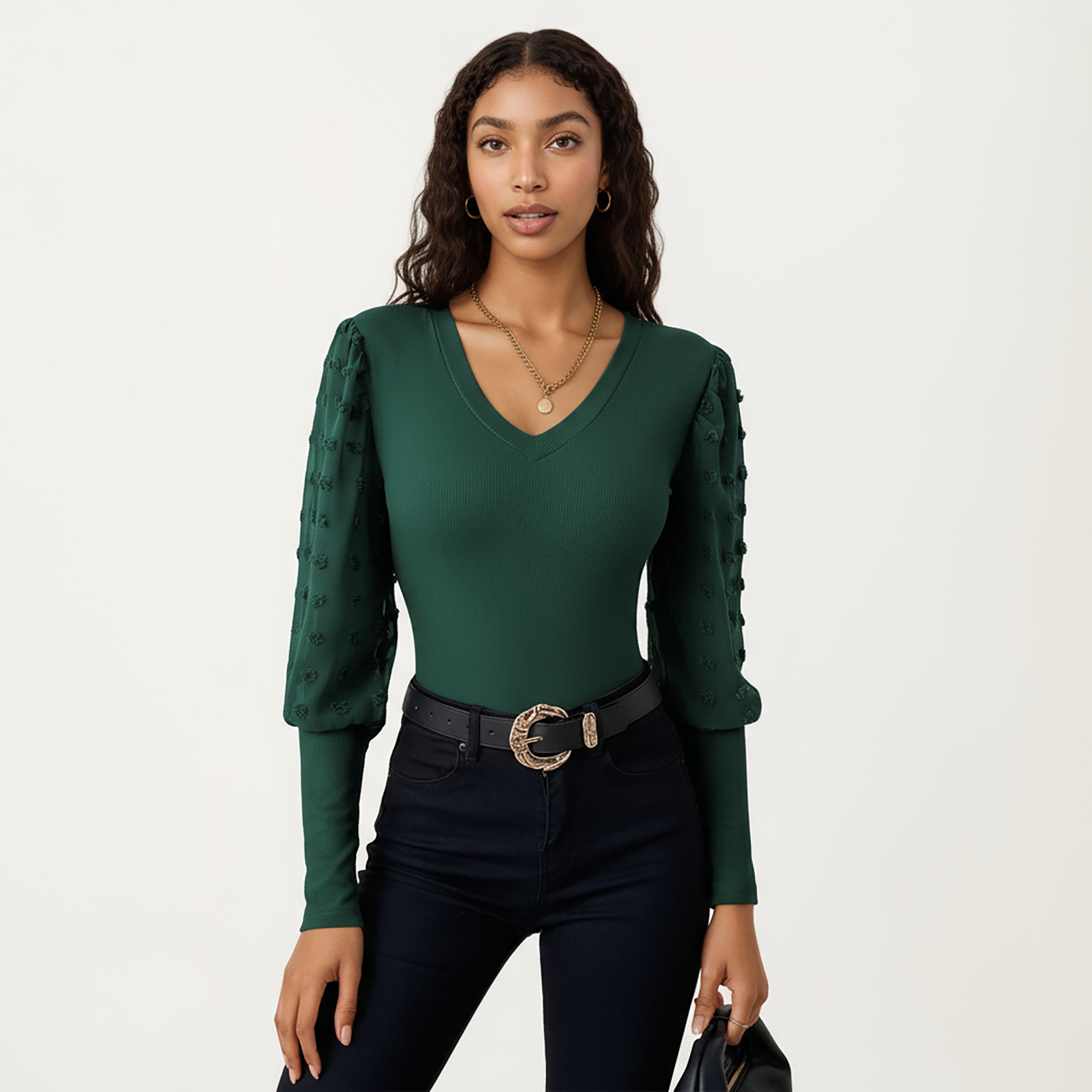 Anna-Kaci Women's Long Sleeve V-Neck Knit Top with Sheer Textured Balloon Sleeves