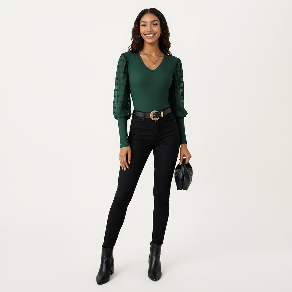 Anna-Kaci Women's Long Sleeve V-Neck Knit Top with Sheer Textured Balloon Sleeves