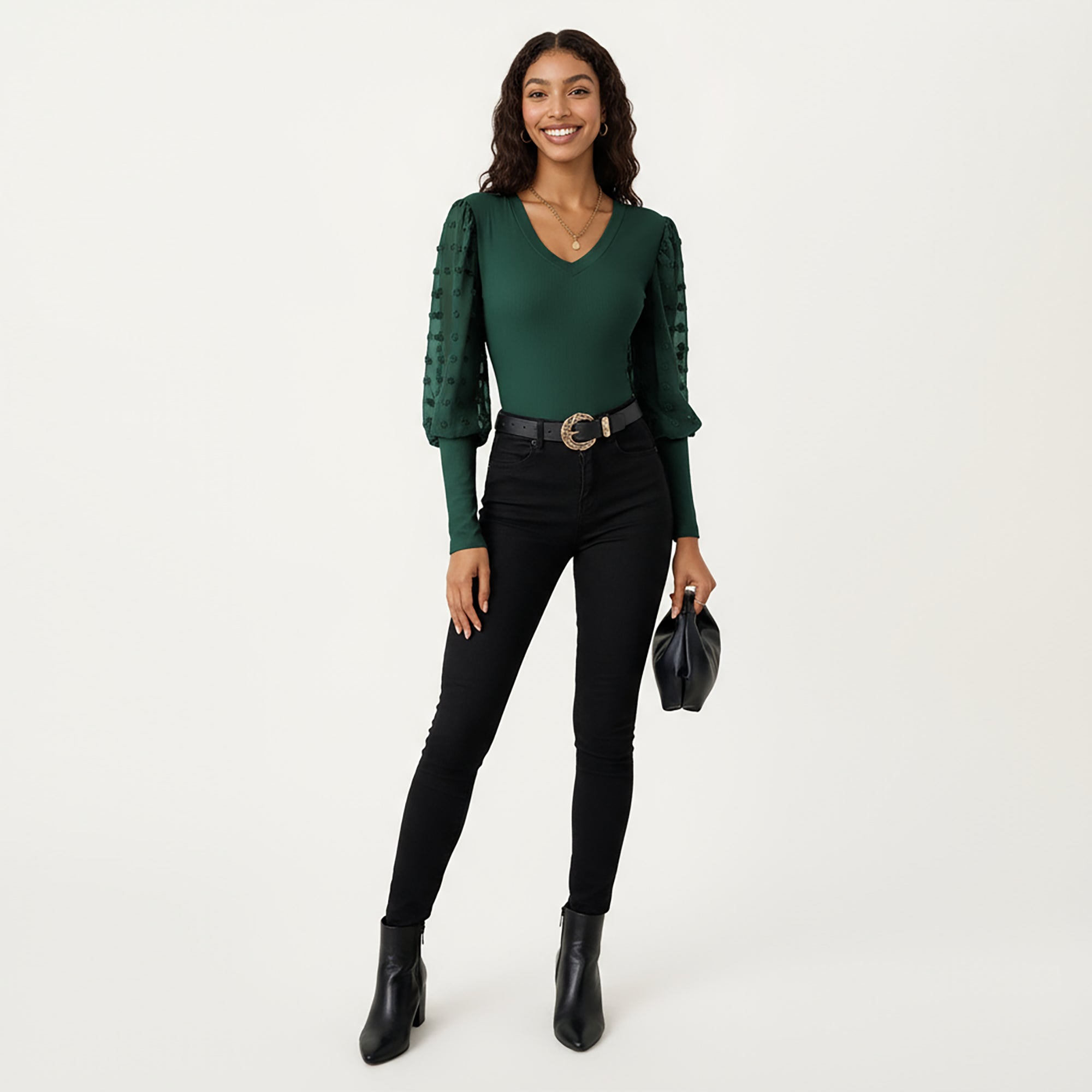 Anna-Kaci Women's Long Sleeve V-Neck Knit Top with Sheer Textured Balloon Sleeves