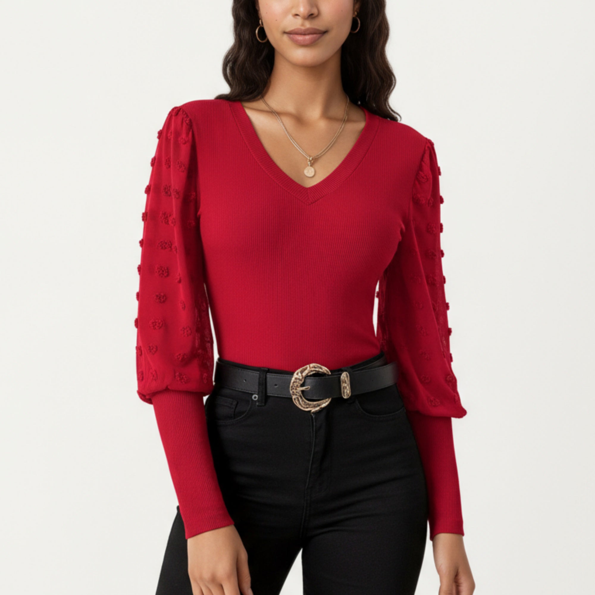 Anna-Kaci Women's Long Sleeve V-Neck Knit Top with Sheer Textured Balloon Sleeves