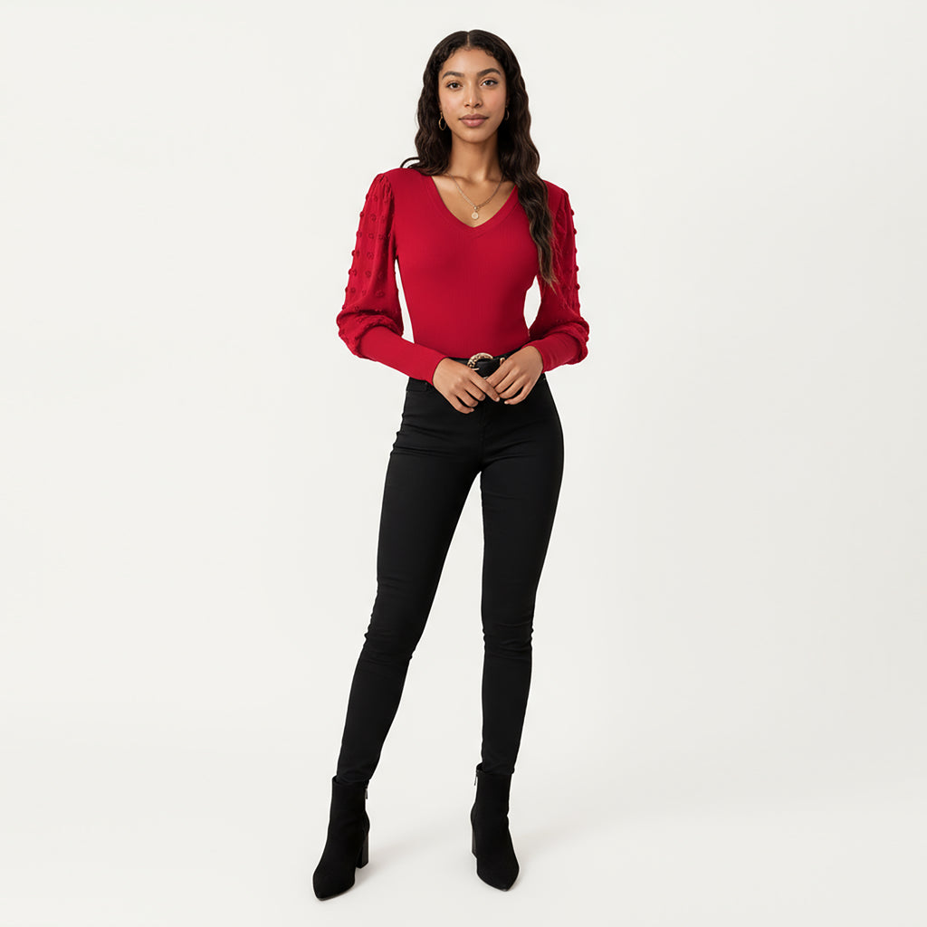 Anna-Kaci Women's Long Sleeve V-Neck Knit Top with Sheer Textured Balloon Sleeves