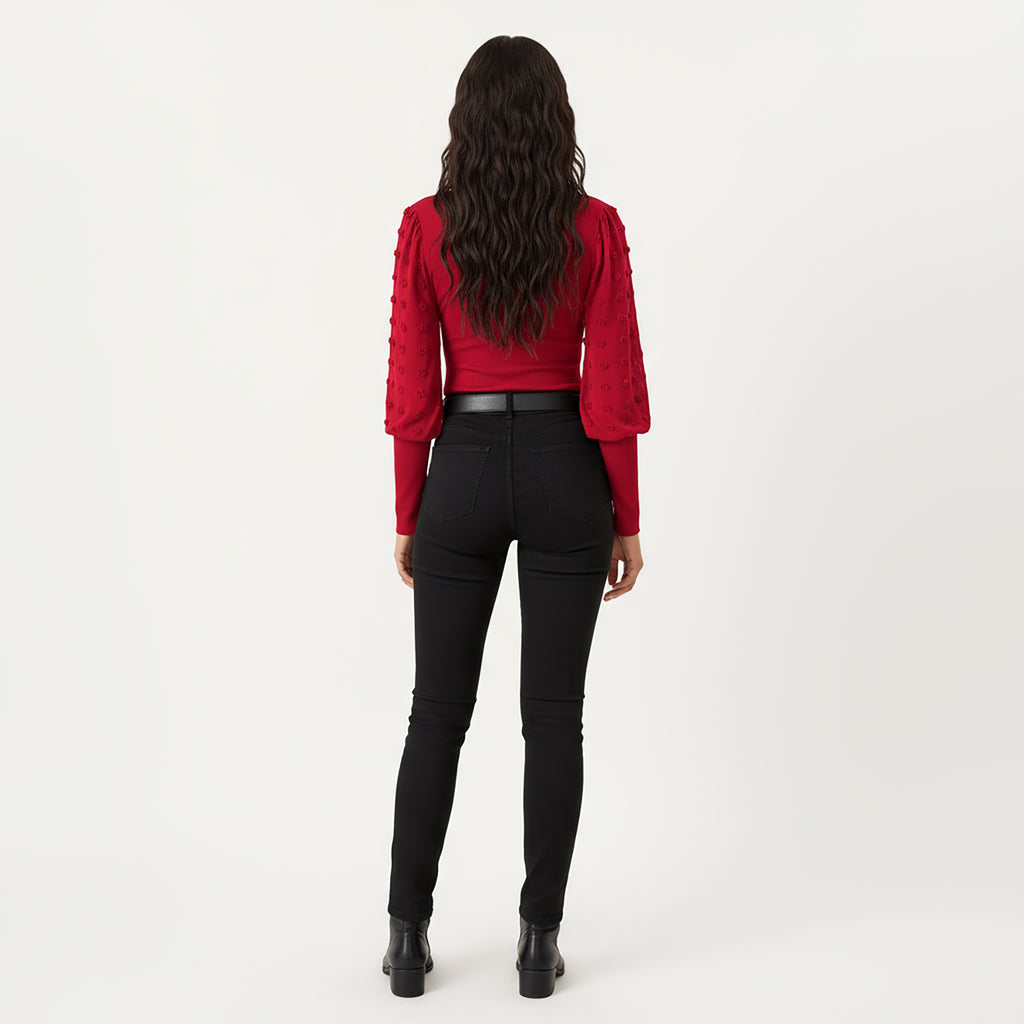 Anna-Kaci Women's Long Sleeve V-Neck Knit Top with Sheer Textured Balloon Sleeves