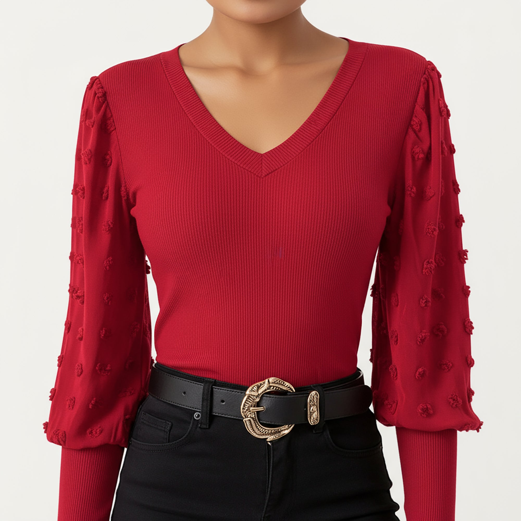 Anna-Kaci Women's Long Sleeve V-Neck Knit Top with Sheer Textured Balloon Sleeves