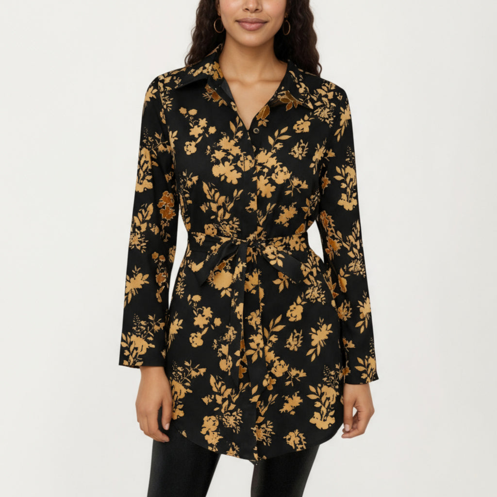 Anna-Kaci Women's Long Sleeve Button-Down Tunic Shirt with Waist Tie and Floral Print