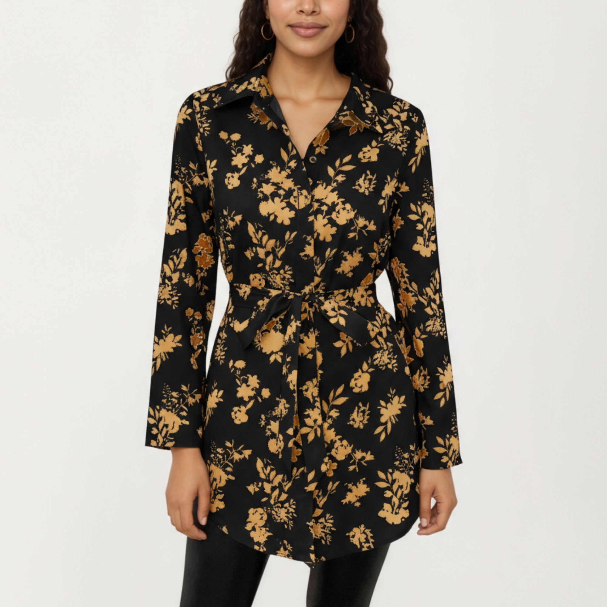 Anna-Kaci Women's Long Sleeve Button-Down Tunic Shirt with Waist Tie and Floral Print